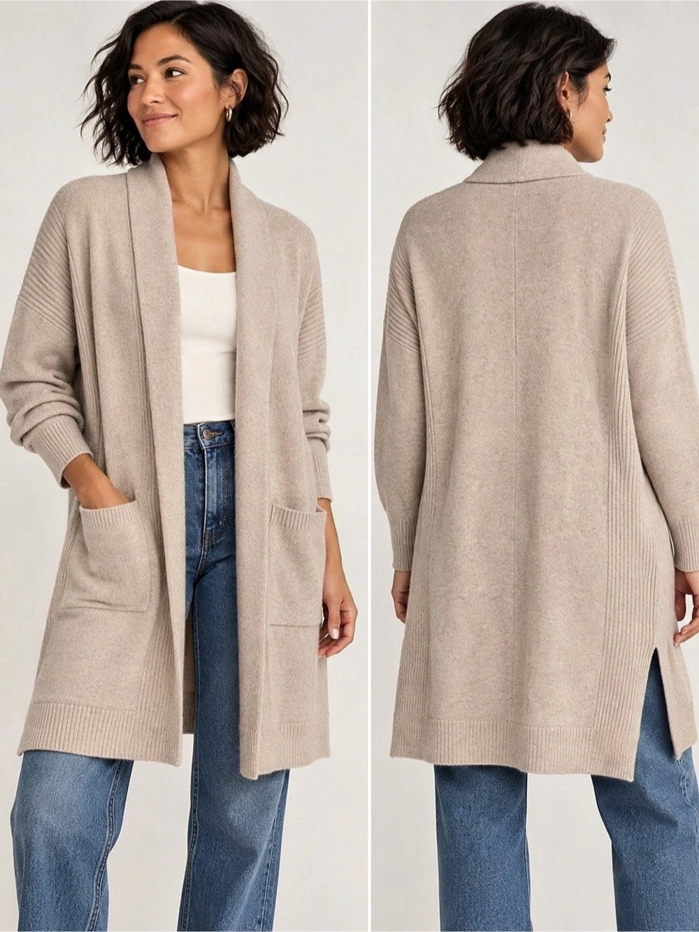 Vince Wool Cashmere Long Open Front Cardigan Sweater Beige Size S